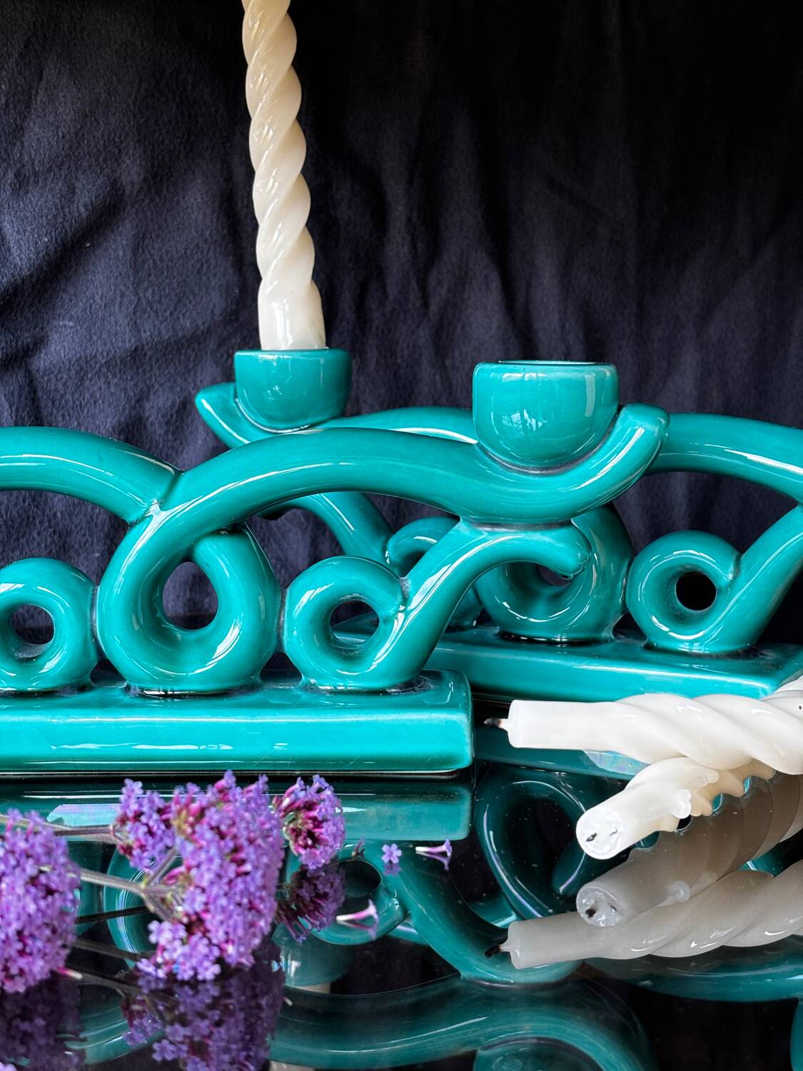 Set of 2 turquoise enamelled ceramic candle holders