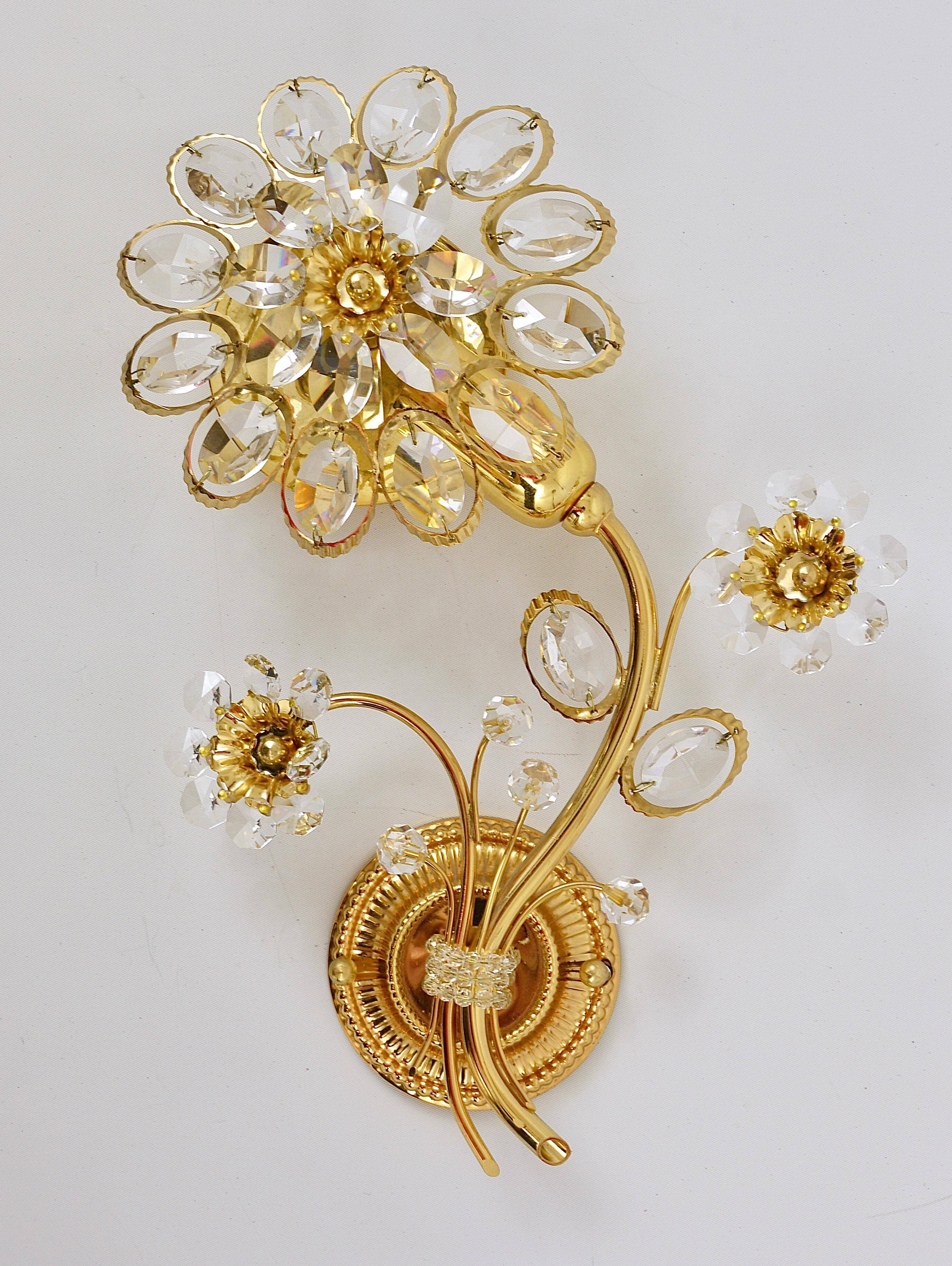 Paire d'appliques murales fleur en cristal laiton doré Ernst Palme, Palwa Allemagne, années 1970