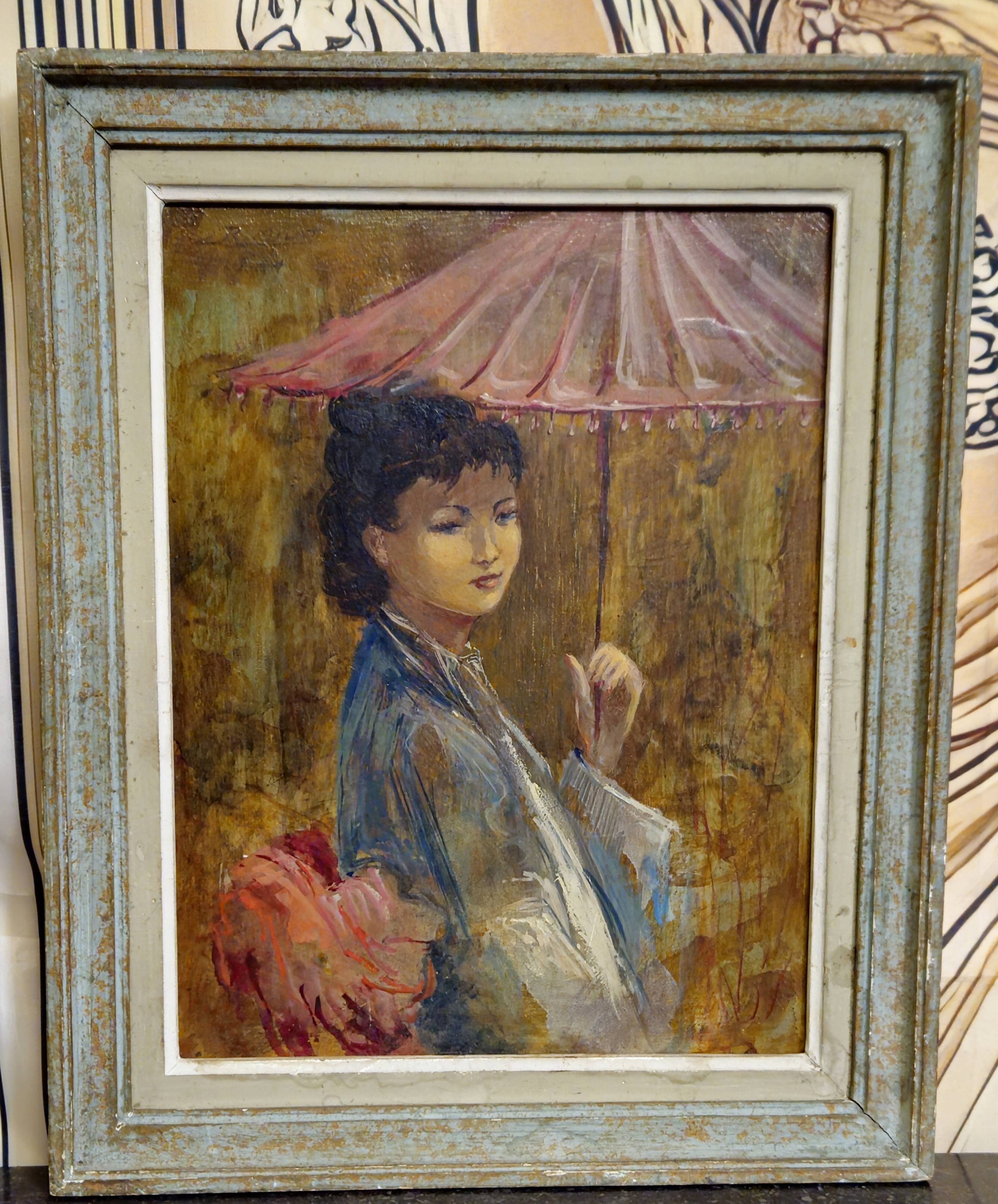 R. Milot – Young Woman with a Parasol – Oil on Panel – Art Deco Period