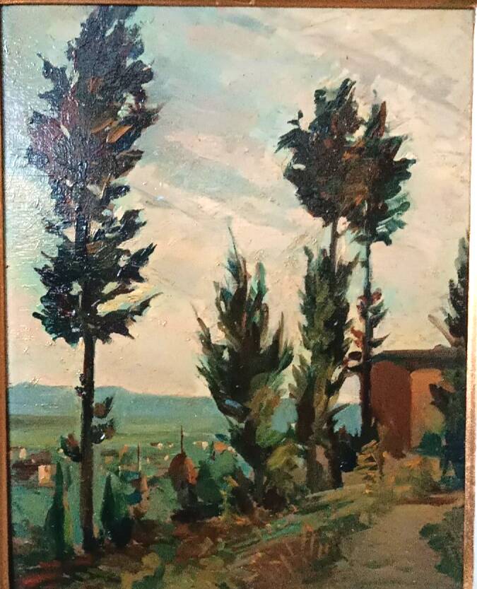 Landscape painting oil on panel Tuscan school 1930s signed