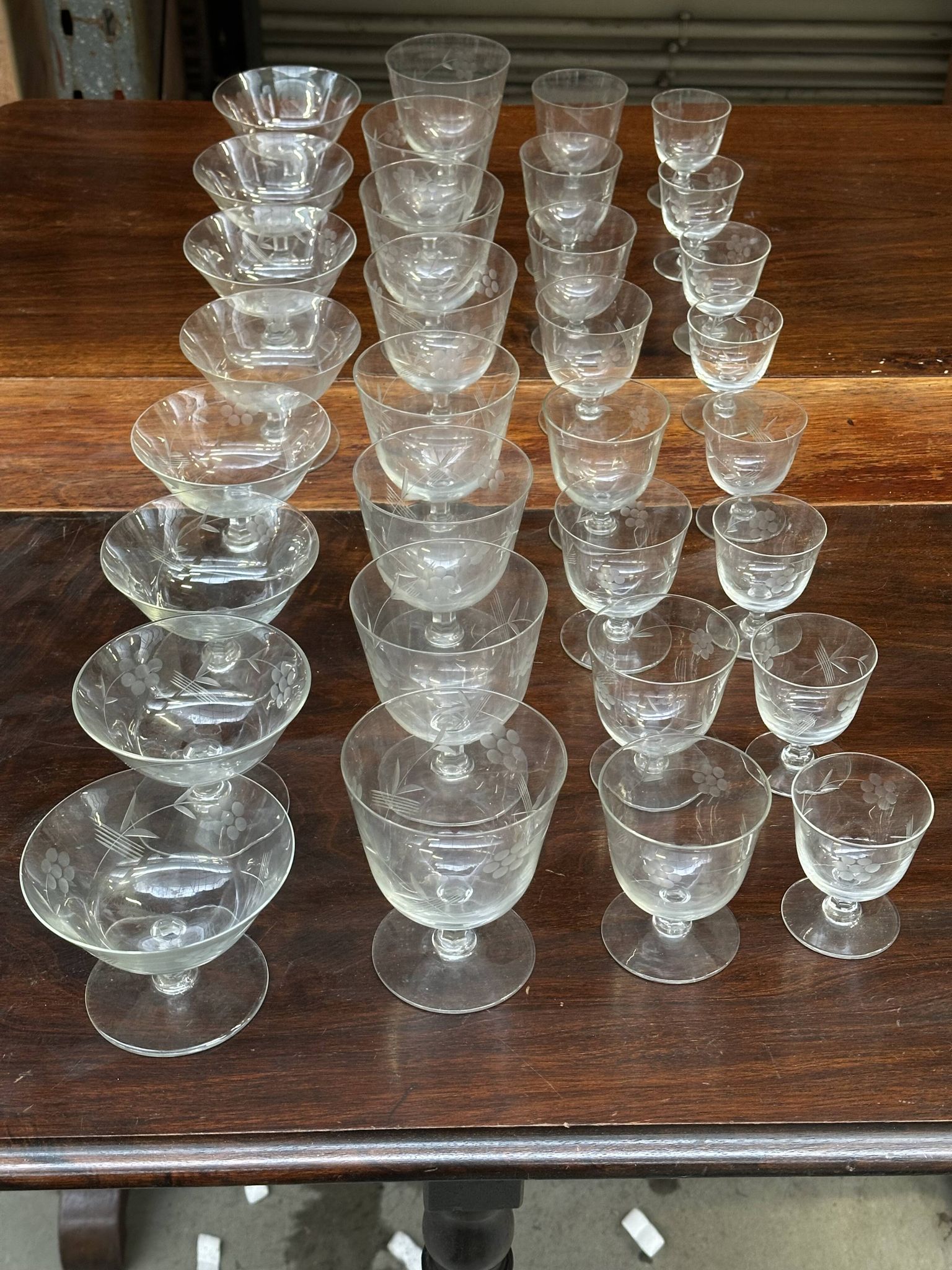 Art Nouveau Set of 32 Crystal Glasses - Engraved and Frosted Floral Pattern