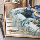 Huile sur toile "Salamandre du Parc Guelle - Barcelone"