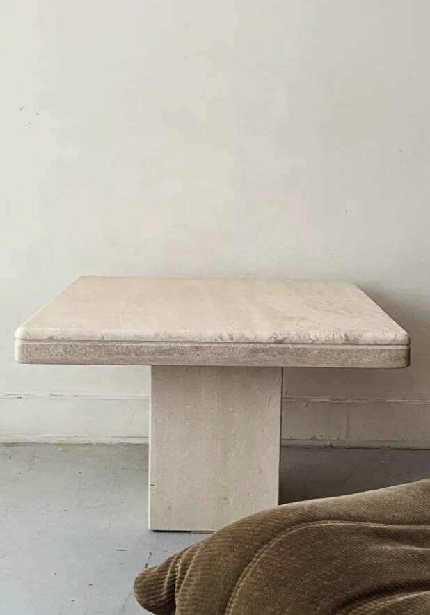 Square coffee table in polished travertine, Italy 1970.