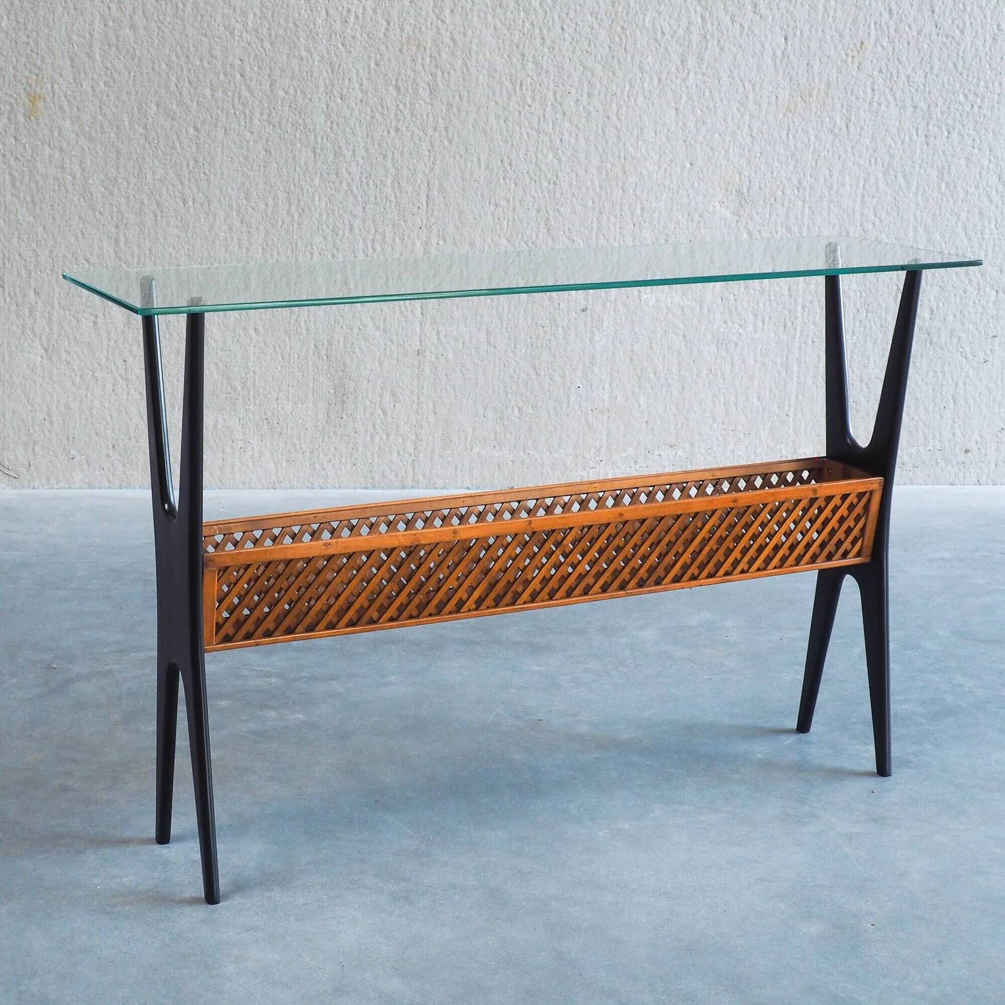 1950s Italian ebonized console table with glass top & lattice basket
