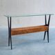 1950s Italian ebonized console table with glass top & lattice basket