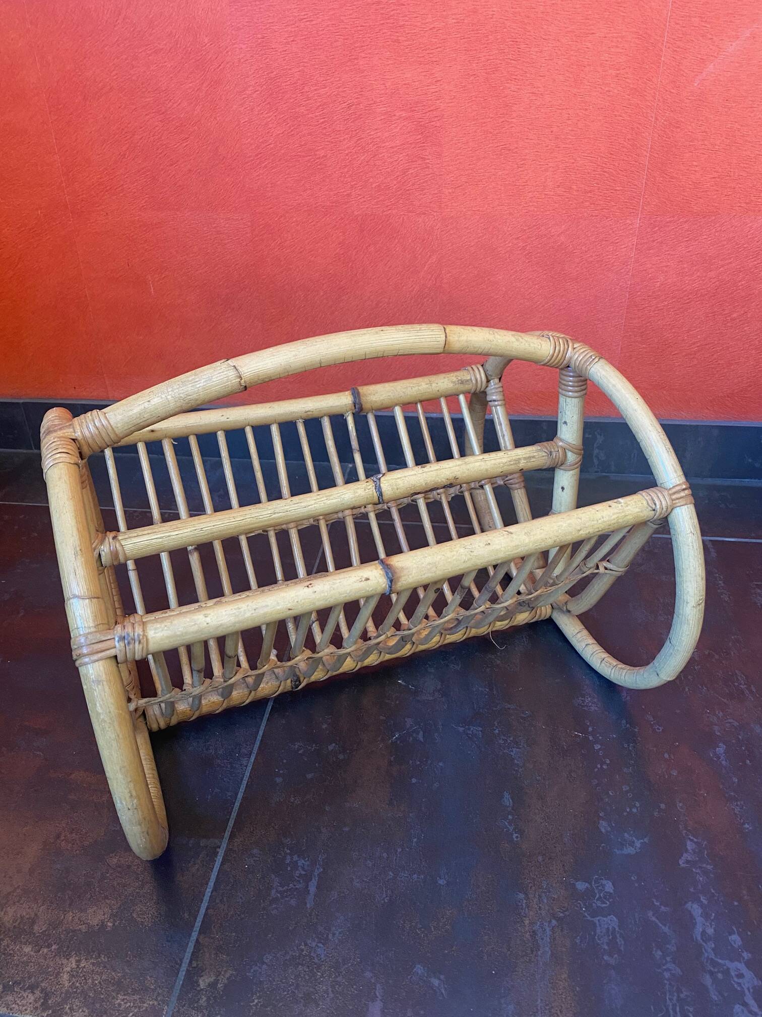1960s rattan magazine rack