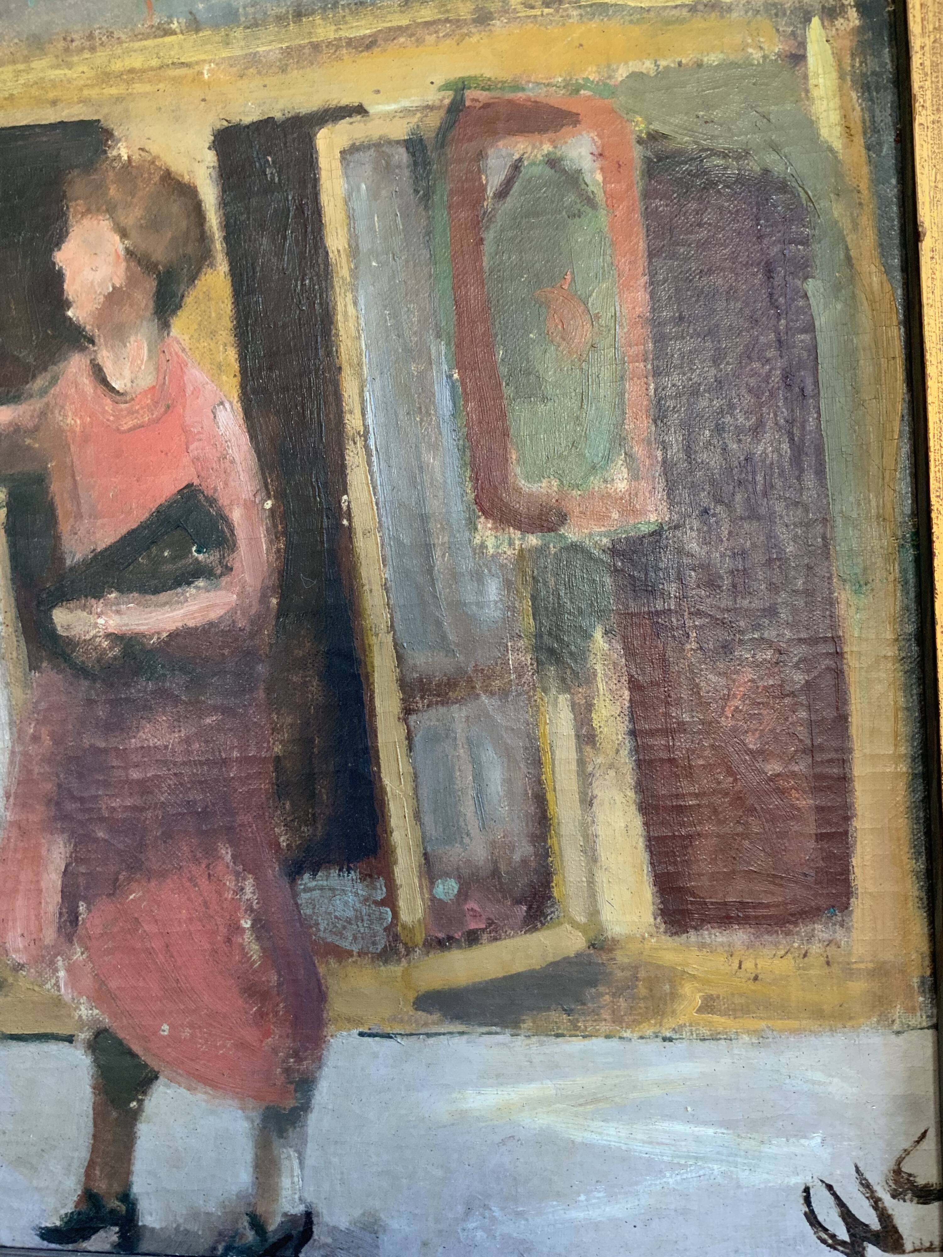 Vintage Oil On Canvas Interior with Woman Signed By Artist W.S., circa 1950s
