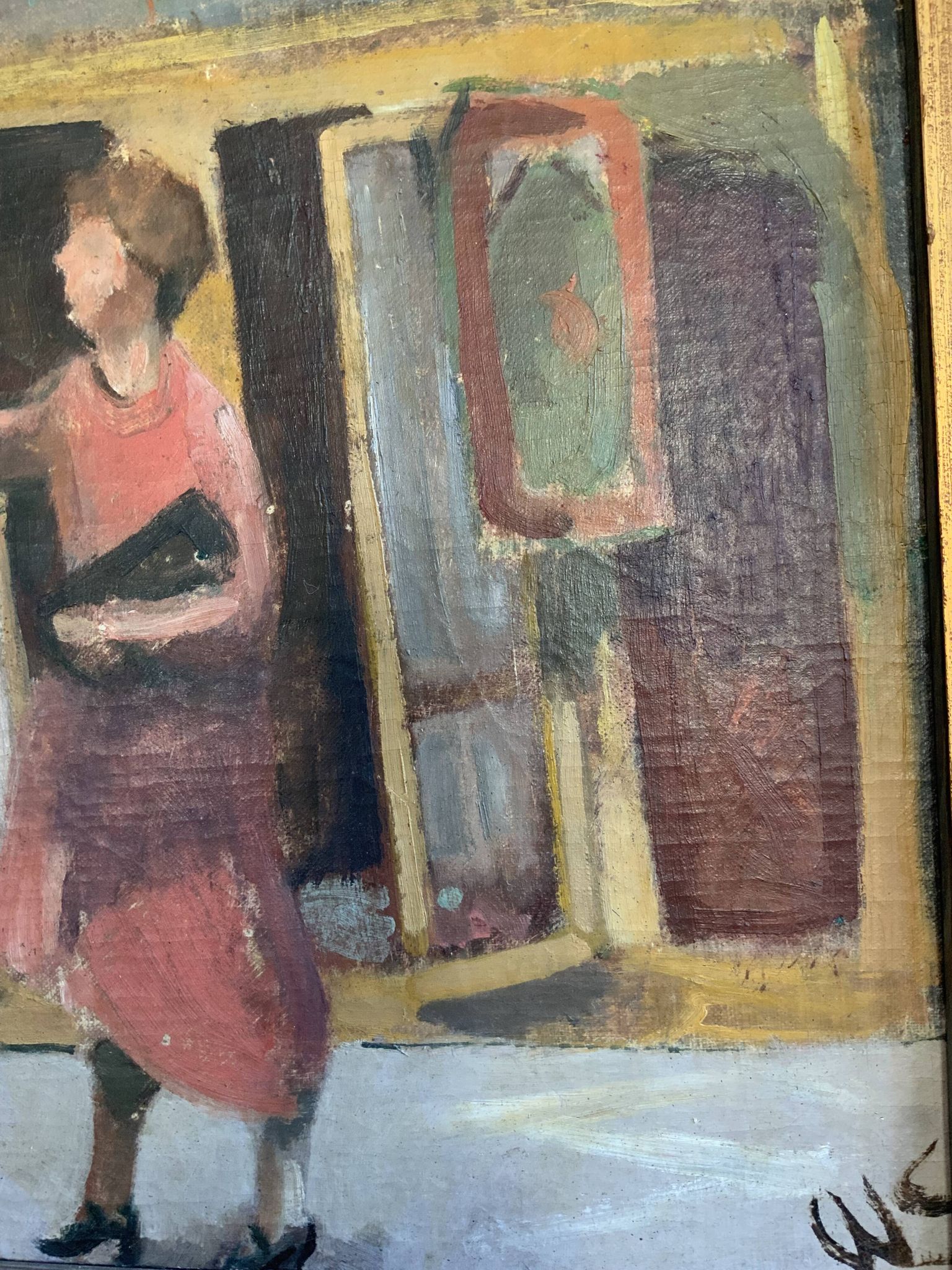 Vintage Oil On Canvas Interior with Woman Signed By Artist W.S., circa 1950s