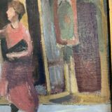 Vintage Oil On Canvas Interior with Woman Signed By Artist W.S., circa 1950s