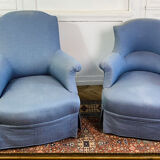 Paire de fauteuils crapauds Napoleon III tapisserie bleue - France 19eme siècle