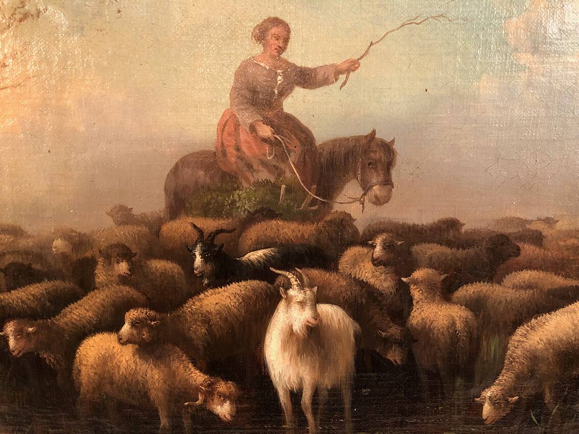 Prosper Ferey, large oil on canvas, “Shepherdess and her flock” mid-19th century