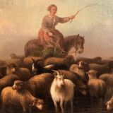 Prosper Ferey, large oil on canvas, “Shepherdess and her flock” mid-19th century