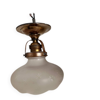 1930s pendant light, frosted glass and brass