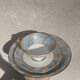 Vintage Bavaria ivory tea/coffee trio, sky blue & gold graphic waves.
