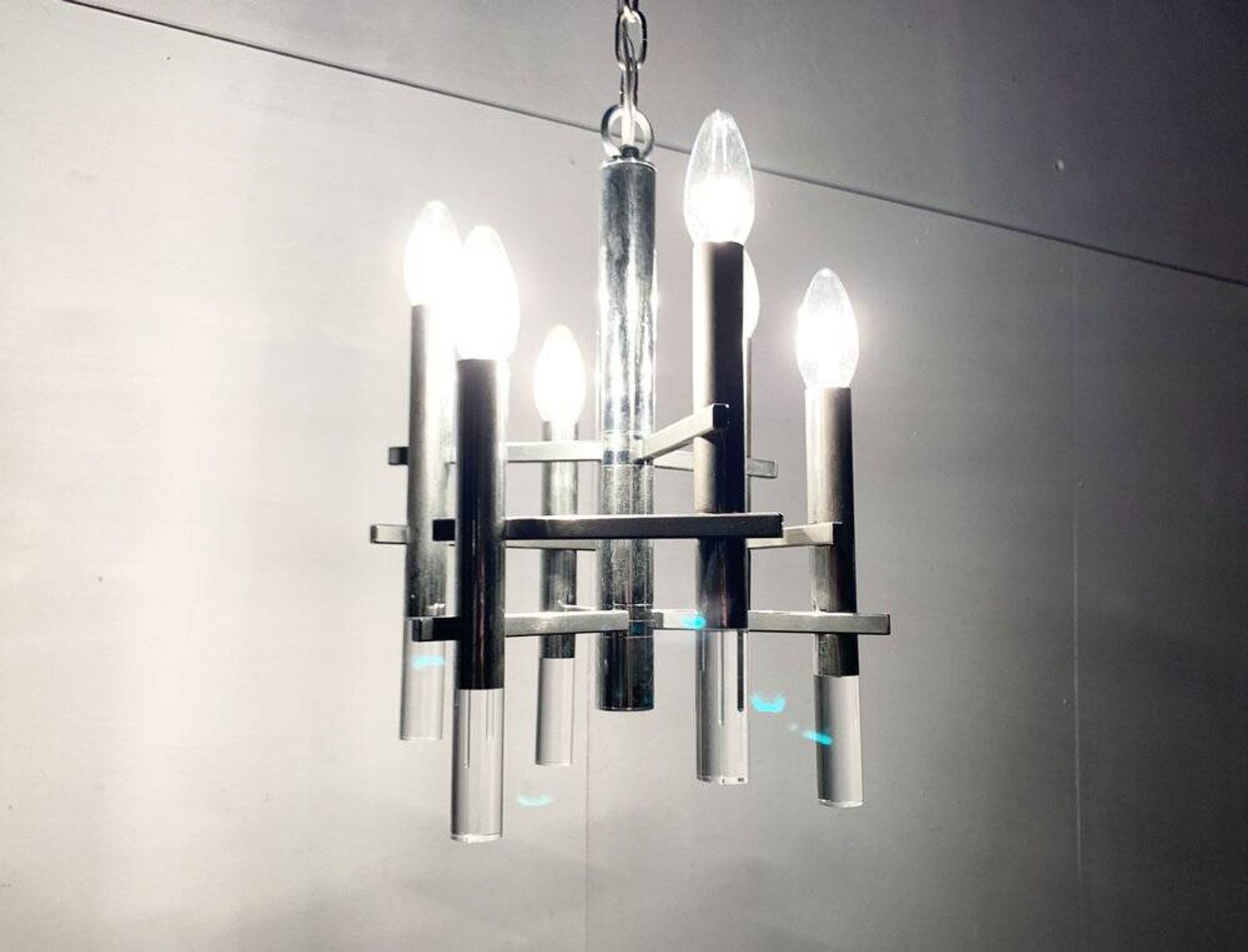 Italian chrome and acrylic chandelier from the space age mid-century by Gaetano Sciolari, 1960s.