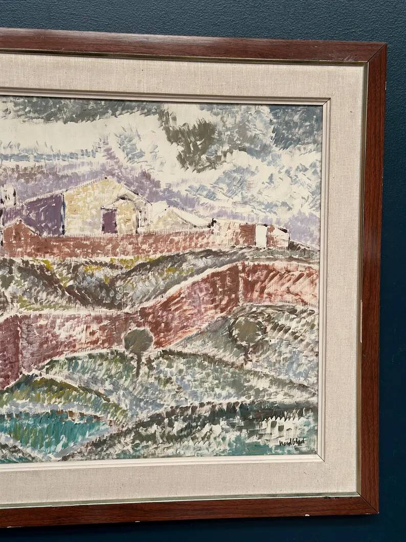 Original Swedish Oil on Canvas – "Landscape with Buildings" by Gösta Nordblad – Signed – Vintage and Framed