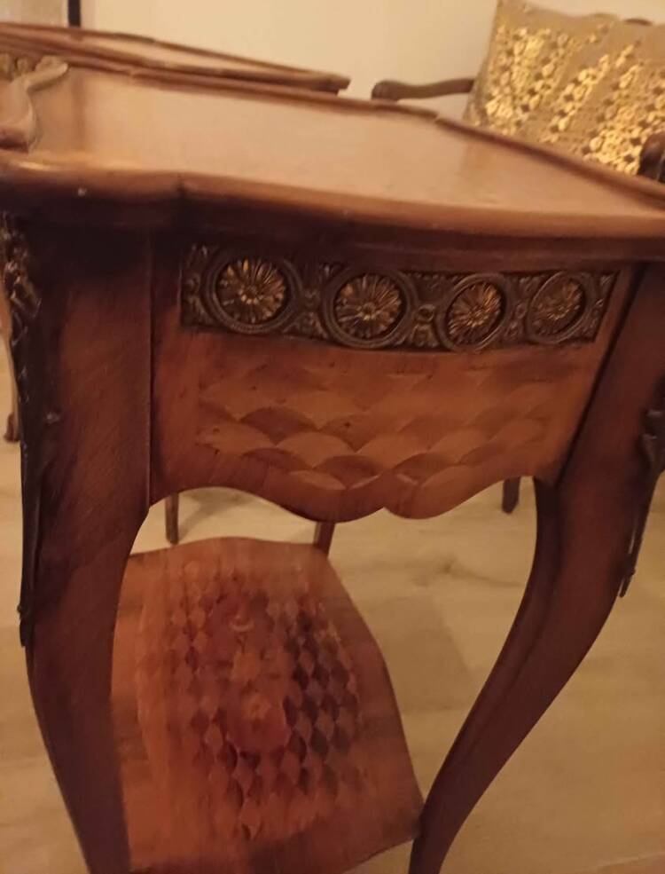 Pair of Louis XV style bedside tables with marquetry and bronze.