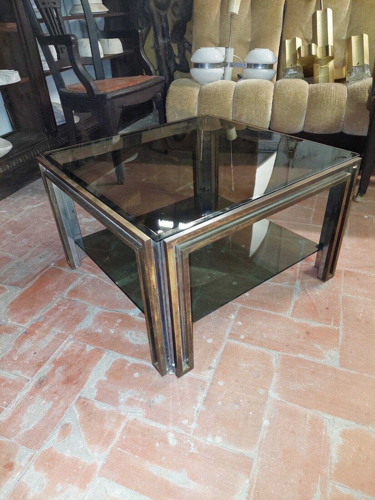 Smoked coffee table, brass, chromed metal, glass, 70s