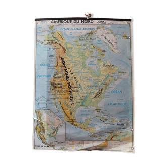 Old laminated map "North America - Physical Map" on the front / Agriculture and climate" back