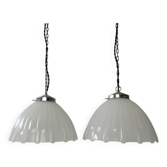 Pair of old art-deco pendant lamps in opaline xl