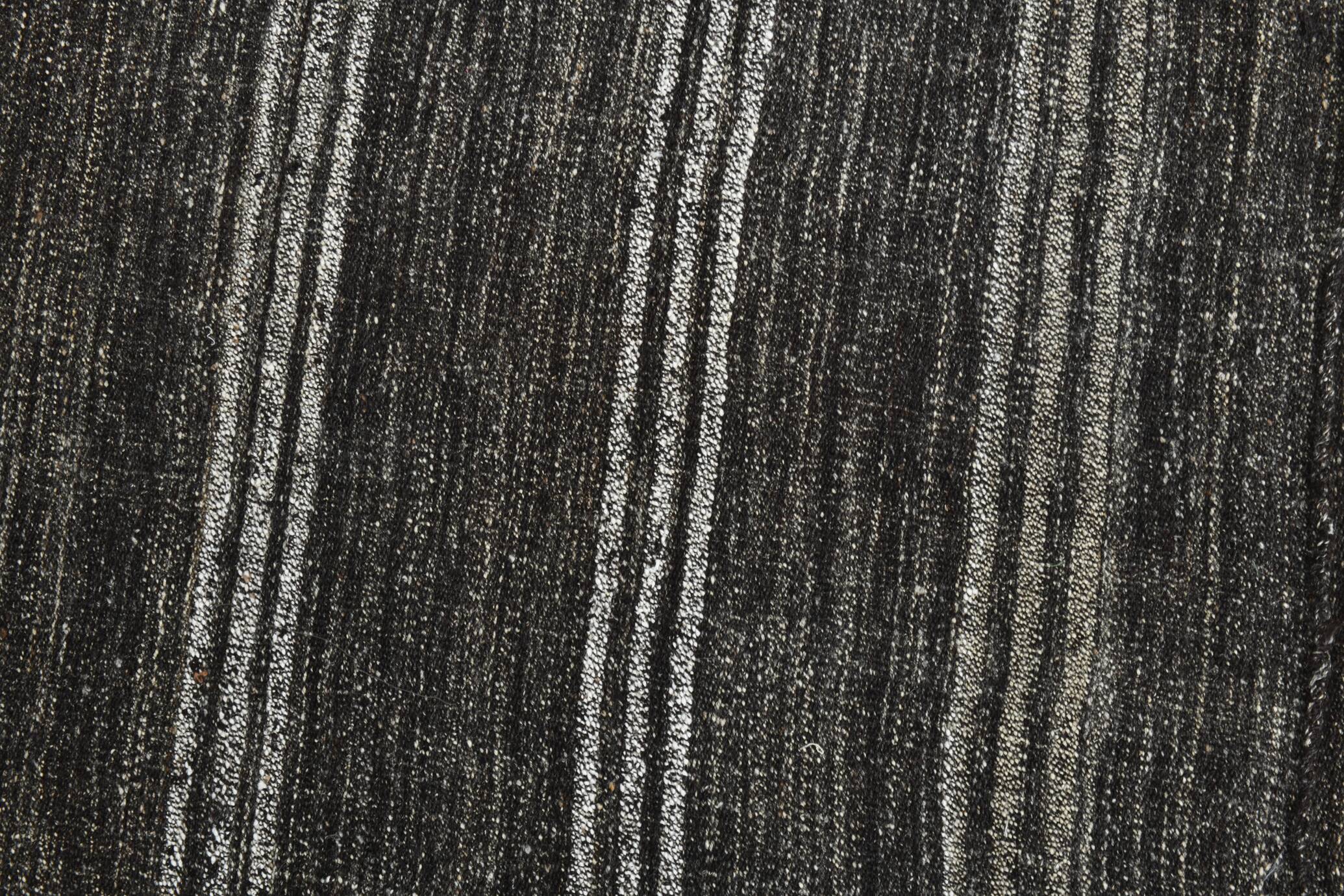 Charcoal Grey Striped Minimal Turkish Kilim Rug, 202x244 Cm