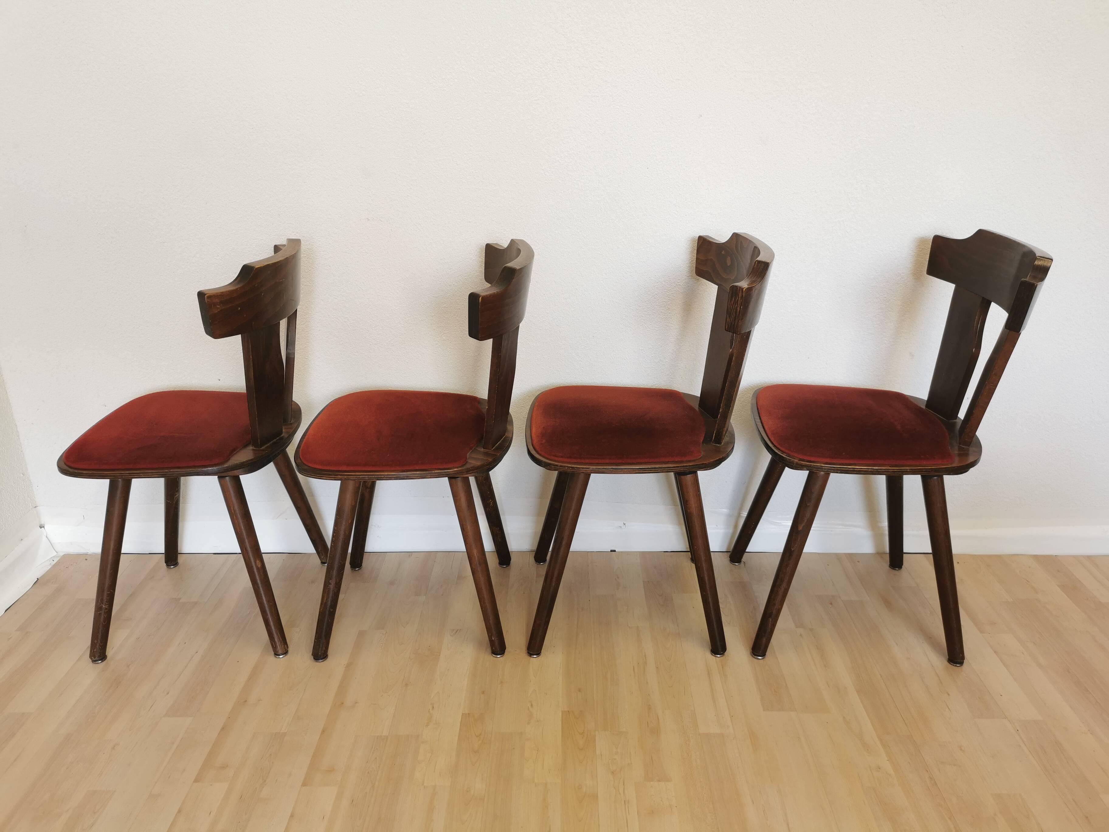 Vintage Tyrolean Dining Chairs: Set of 4, Red Fabric Seat, 1970s