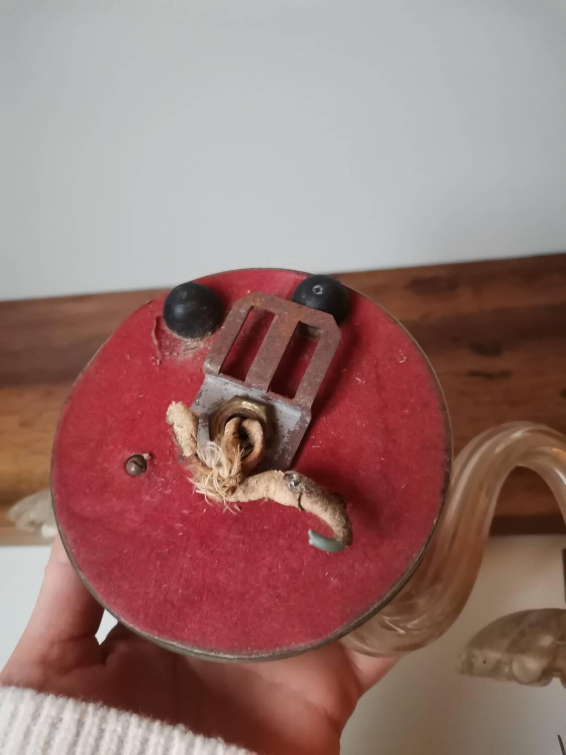 Old vintage wall lamp, brass glass and fake candle mirror