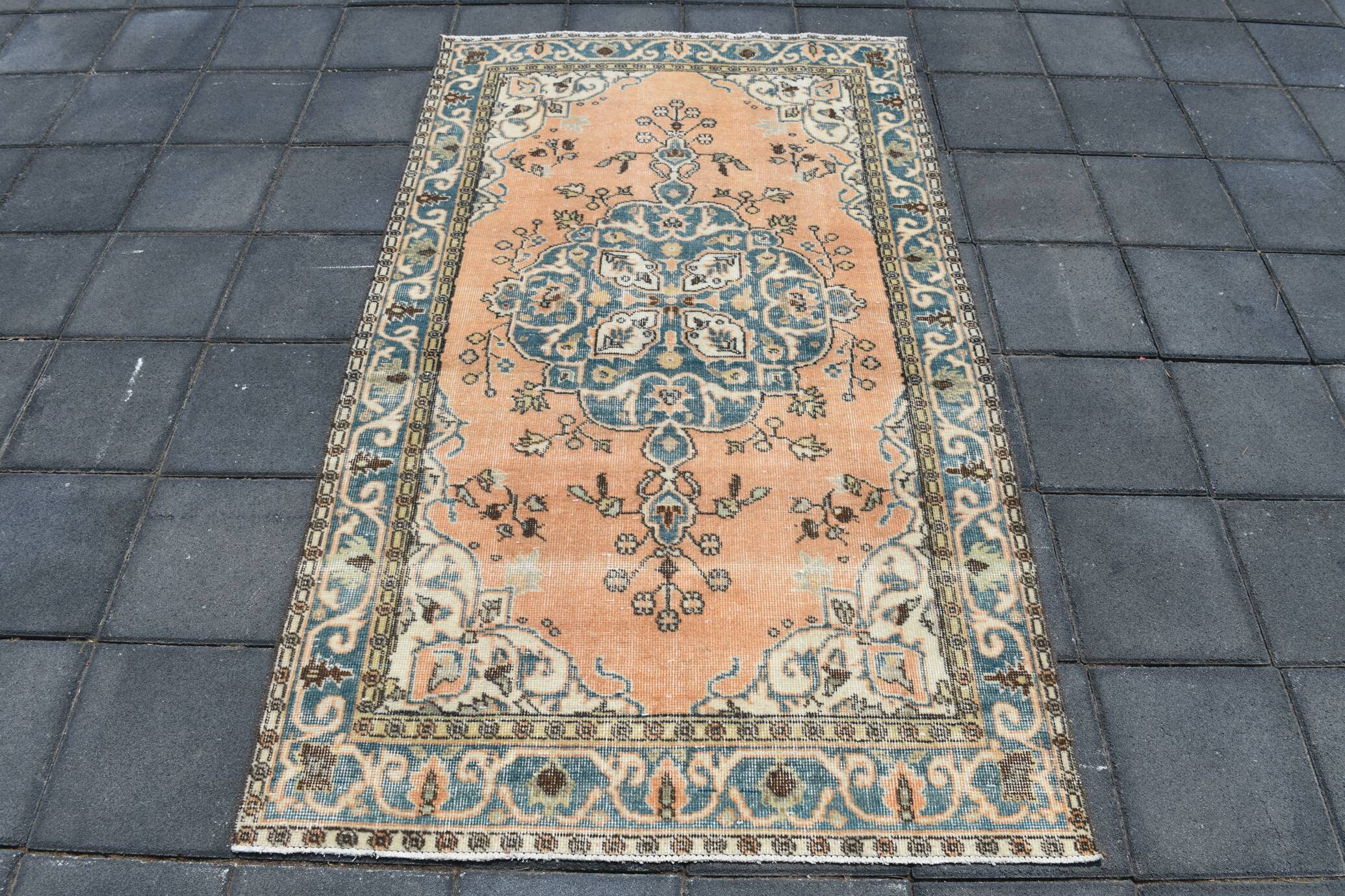 Tapis Turc Vintage Oushak, Couloir Pêche Bleu, 120x194 Cm