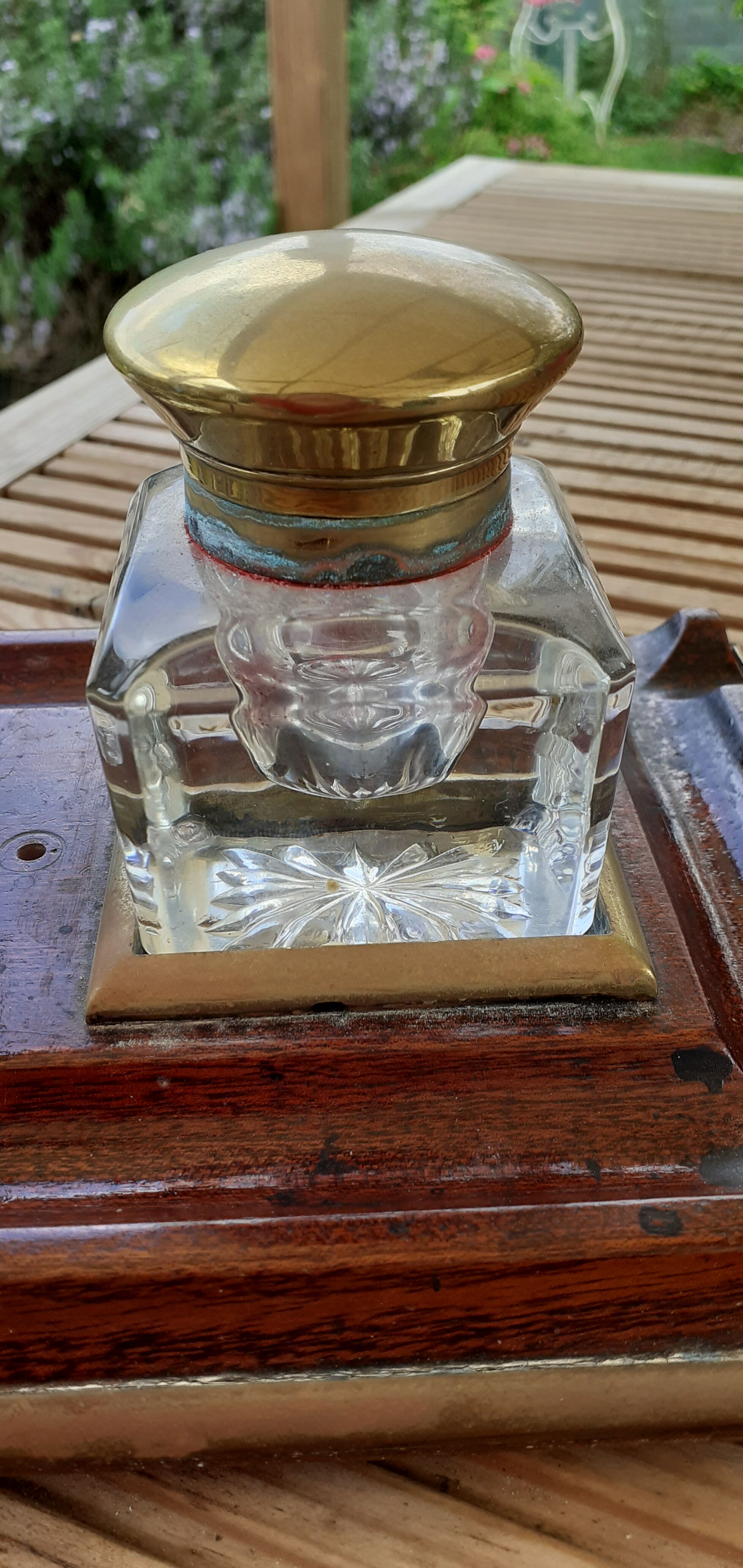 Art Deco inkwell in baccarat crystal, brass and rosewood