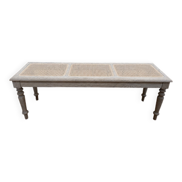 Banc d'office style Louis-Philippe en chêne massif et cannage