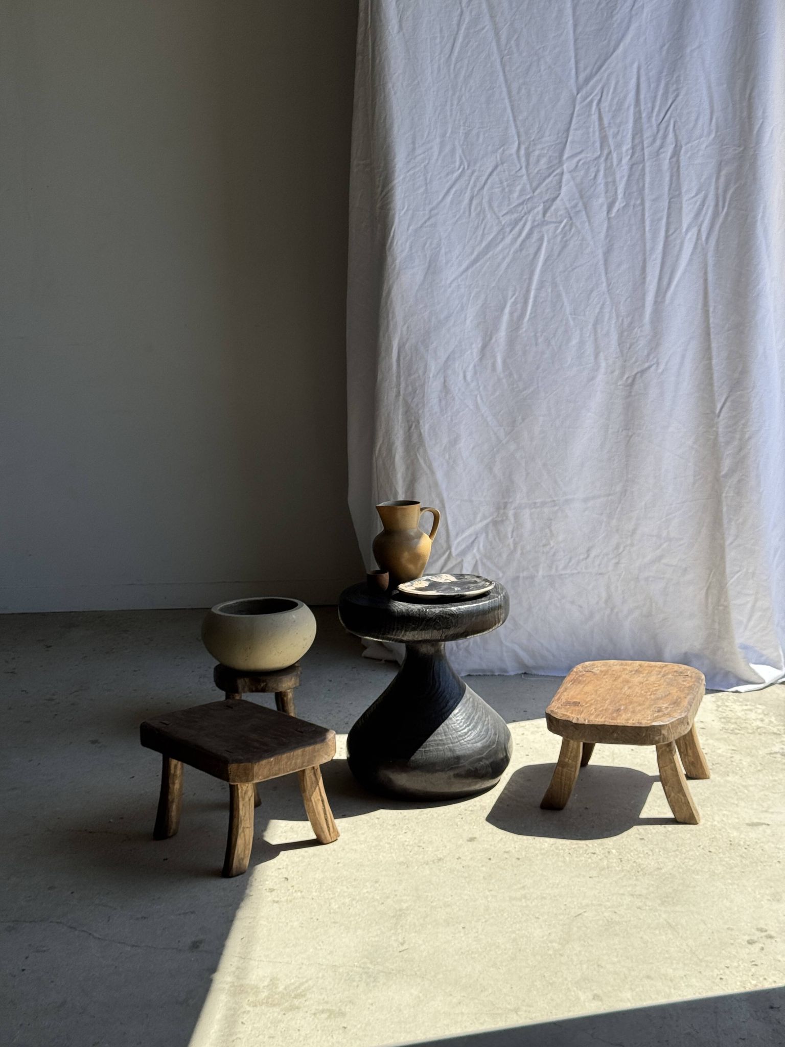 Small stool, rectangular rounded solid teak side table wabi-s