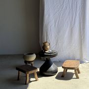 Small stool, rectangular rounded solid teak side table wabi-s