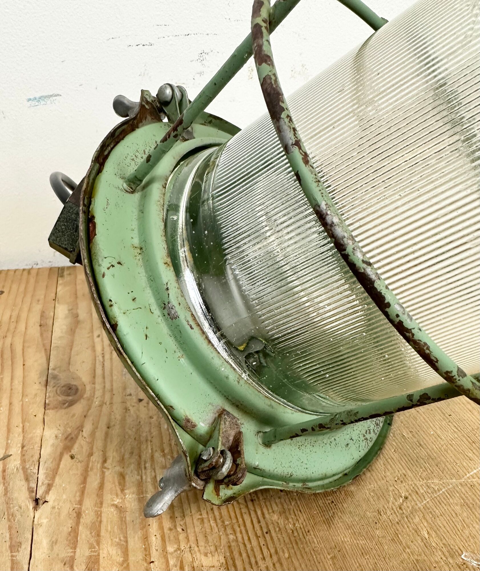 Green Industrial Soviet Bunker Pendant Light with Iron Grid, 1960s
