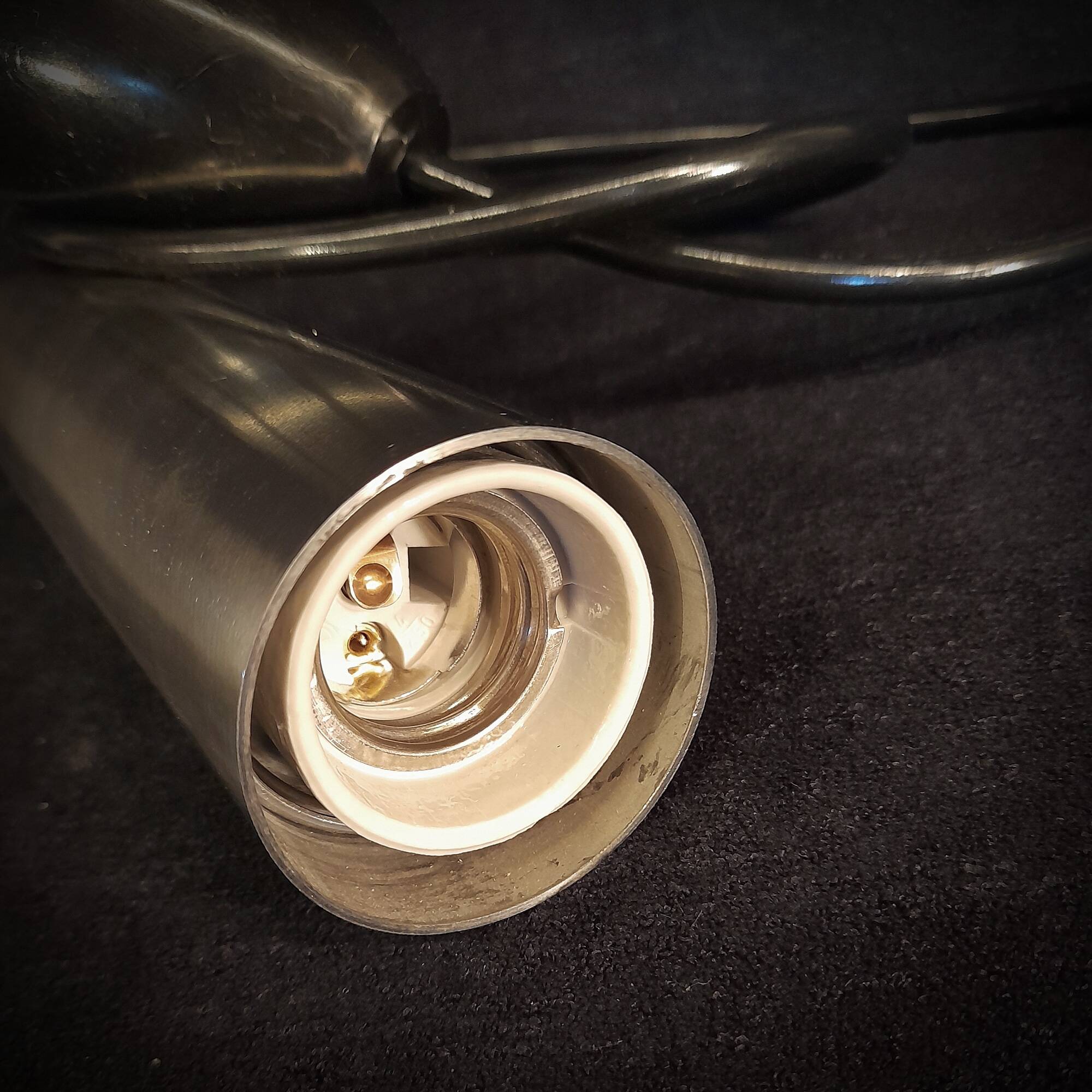 Pair of still tube pendant lights in polished stainless steel, 1970s, new