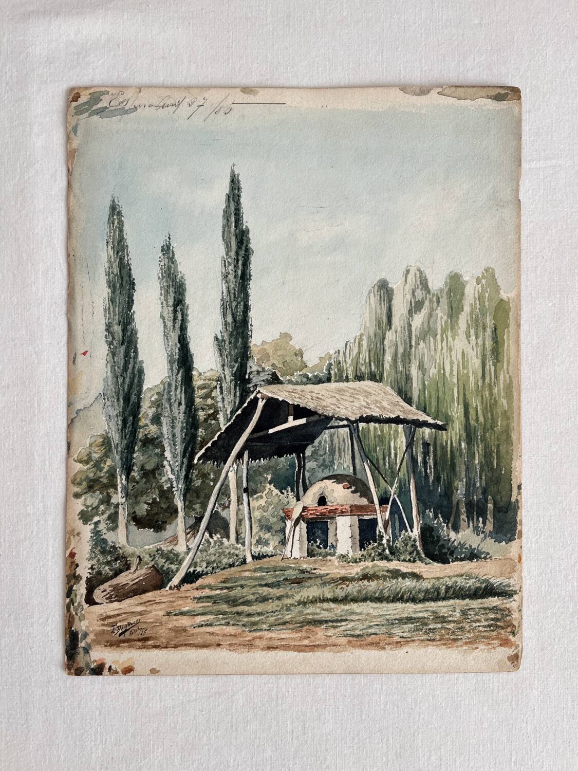 Old watercolor rural landscape dated 1885