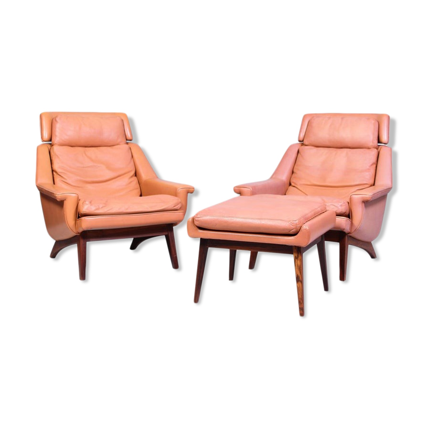 Leather and rosewood chairs and Ottoman by Werner Langenfled Denmark 1960s