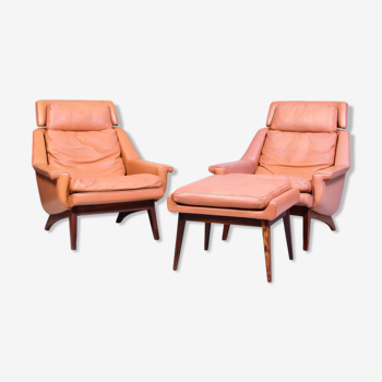 Leather and rosewood chairs and Ottoman by Werner Langenfled Denmark 1960s