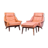 Leather and rosewood chairs and Ottoman by Werner Langenfled Denmark 1960s