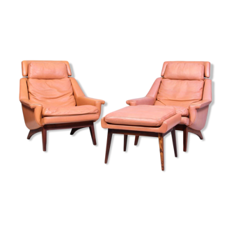 Leather and rosewood chairs and Ottoman by Werner Langenfled Denmark 1960s