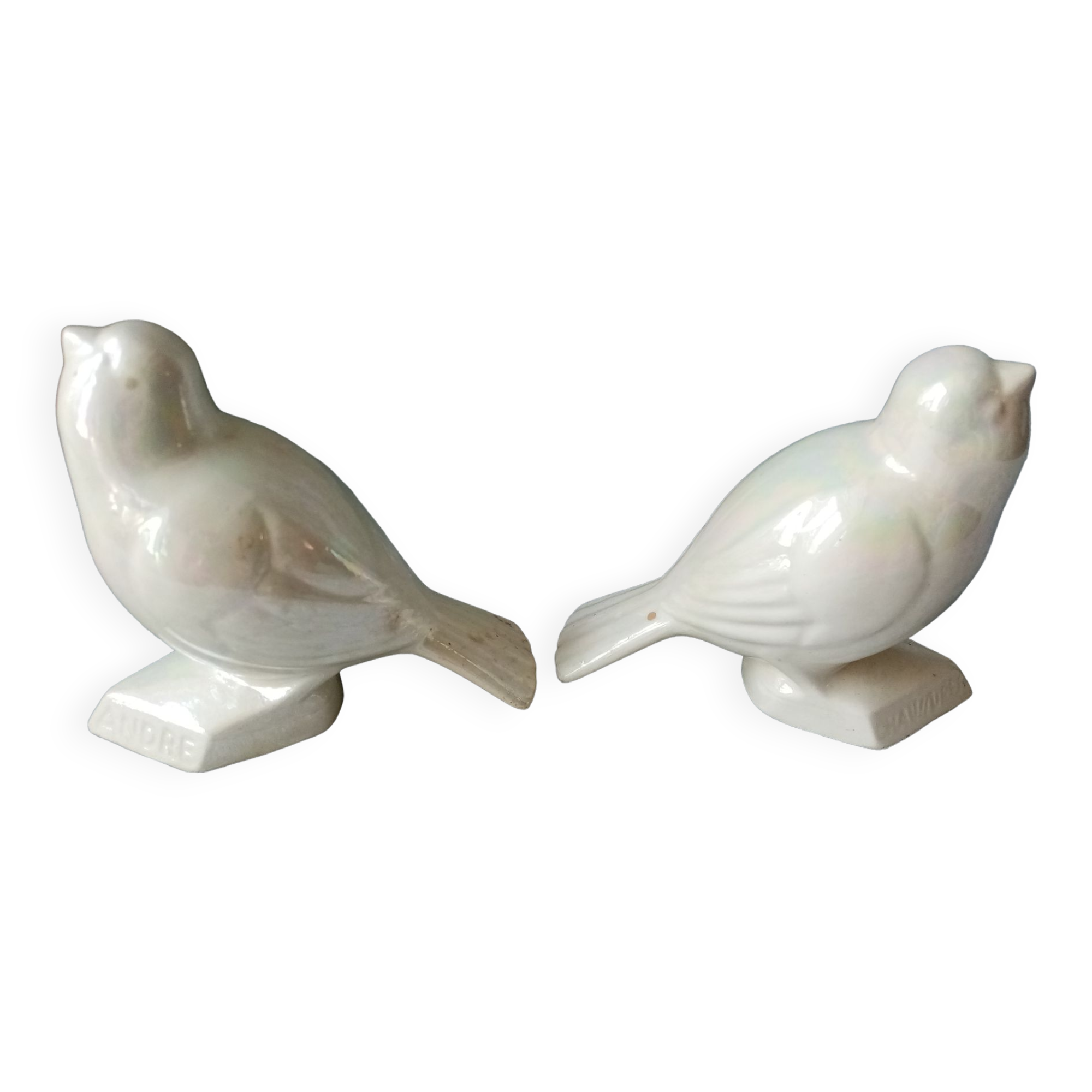 Paire de moineaux ancien en faience des annees 1930-40 pour les chaussures andre