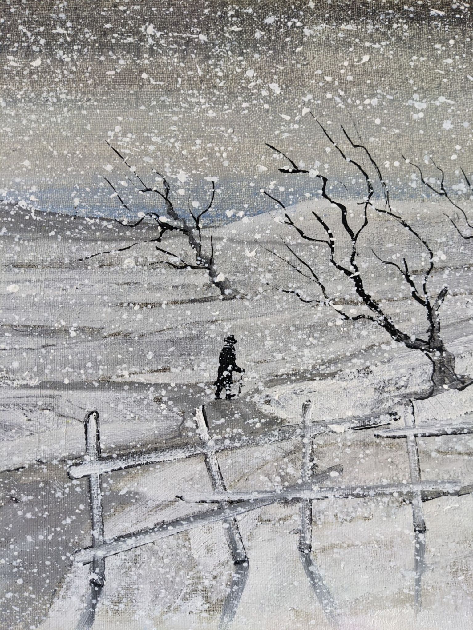 Mid-Century Modern Swedish "Snowfall" Vintage Winter Landscape Oil Painting, Framed