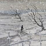 Mid-Century Modern Swedish "Snowfall" Vintage Winter Landscape Oil Painting, Framed