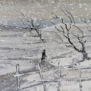 Mid-Century Modern Swedish "Snowfall" Vintage Winter Landscape Oil Painting, Framed