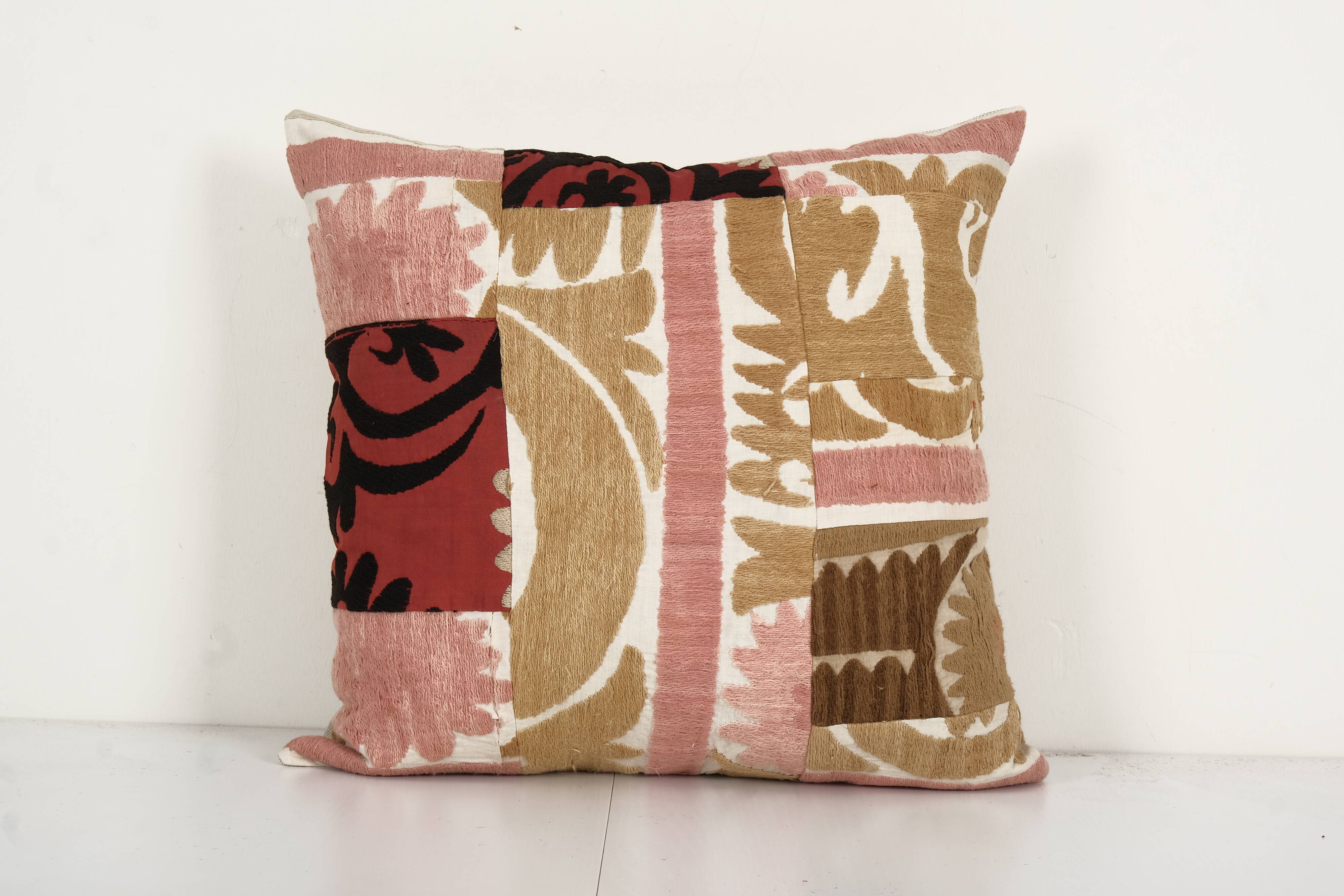 Pastel tashkent suzani square patchwork pillow case made from a 19th century suzani - uzbek abstract