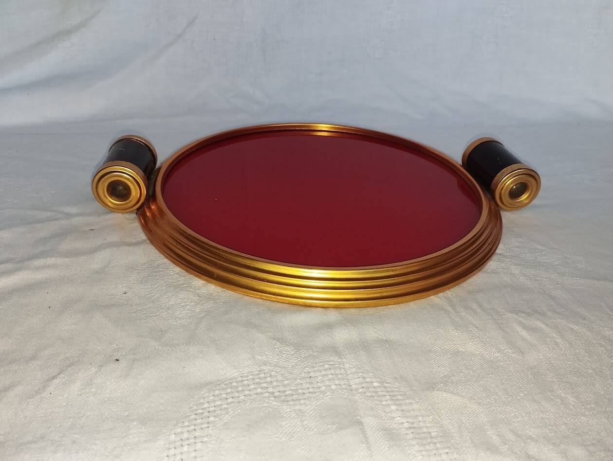 Art Deco plateau in red glass and brass – Bakelite handles, circa 1930