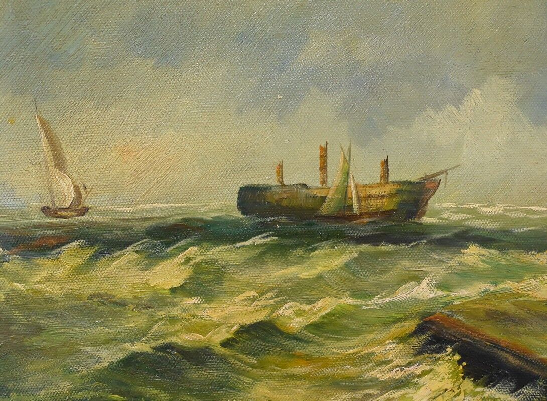 Tableau "Sailboats in Rough Seas" signed Albert Hess – Mid 20th century