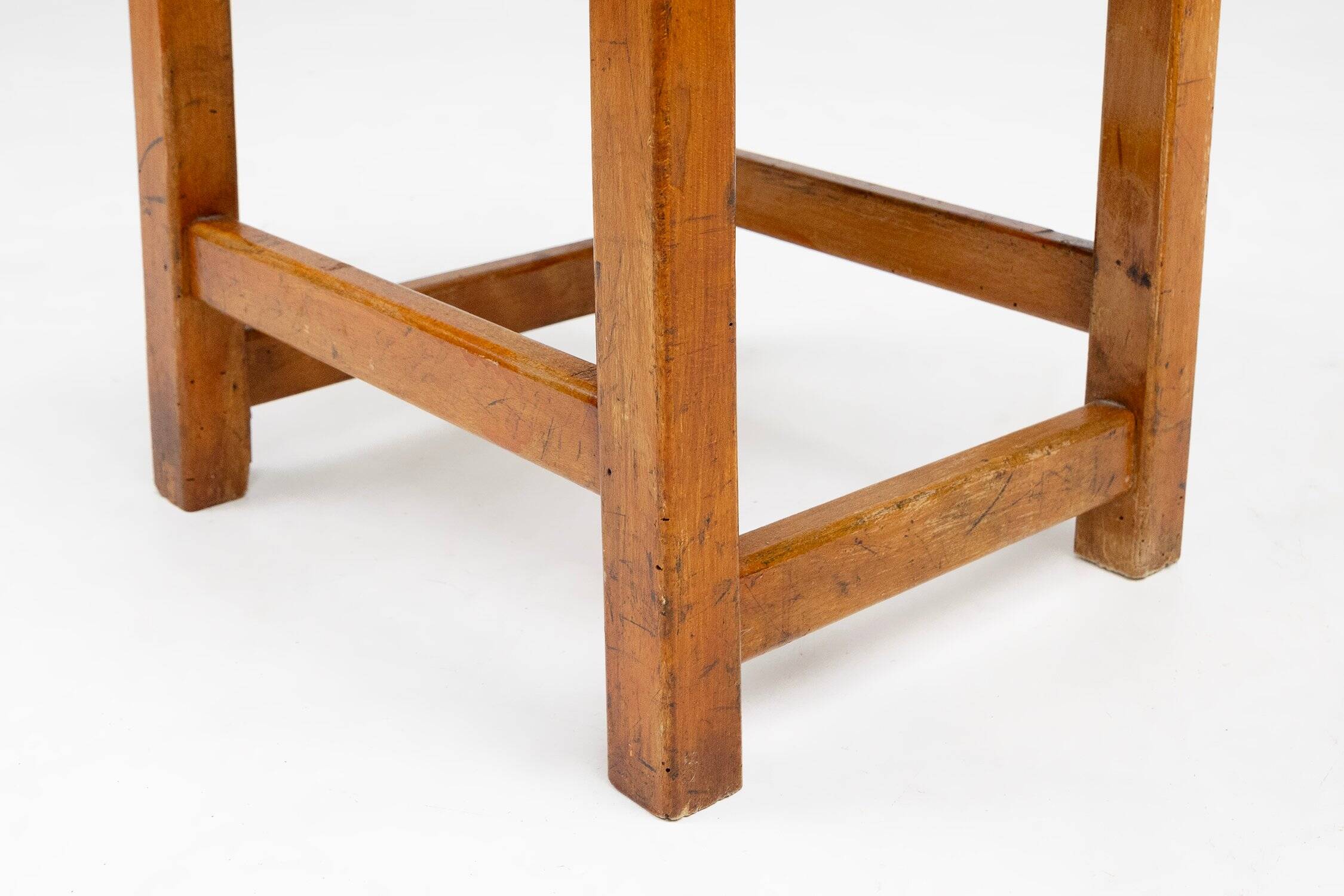 Industrial Brutalist Wooden Stool, Belgium, 1920s