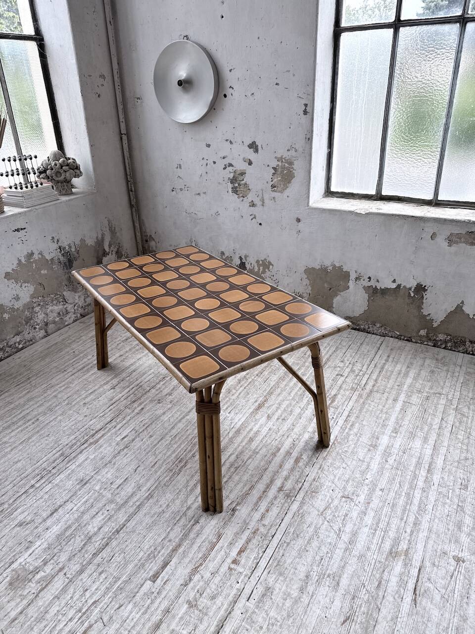 1950s rattan table with ceramic top