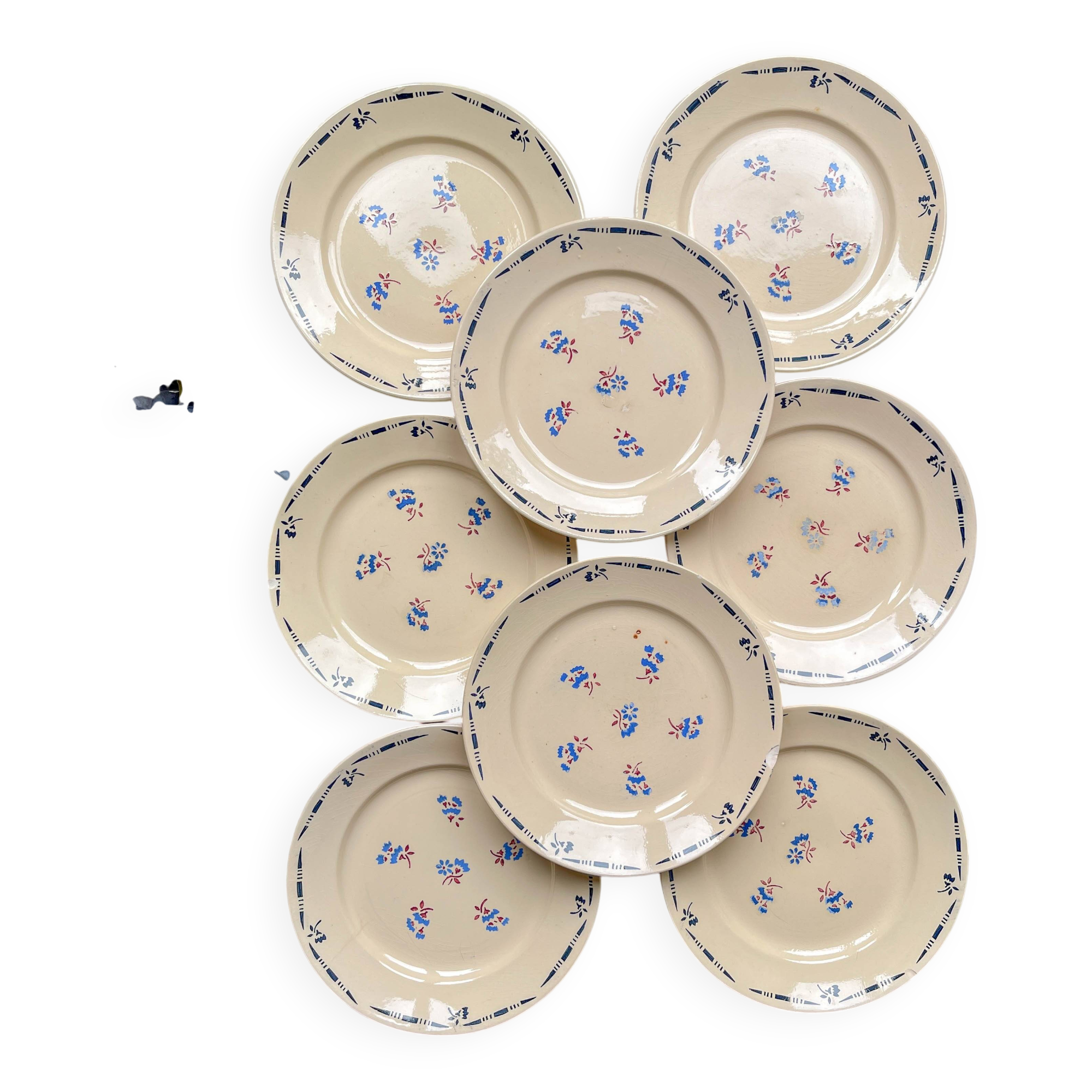 8 vintage K&G Luneville "Flore" porcelain dinner plates, 1950s, small blue flowers