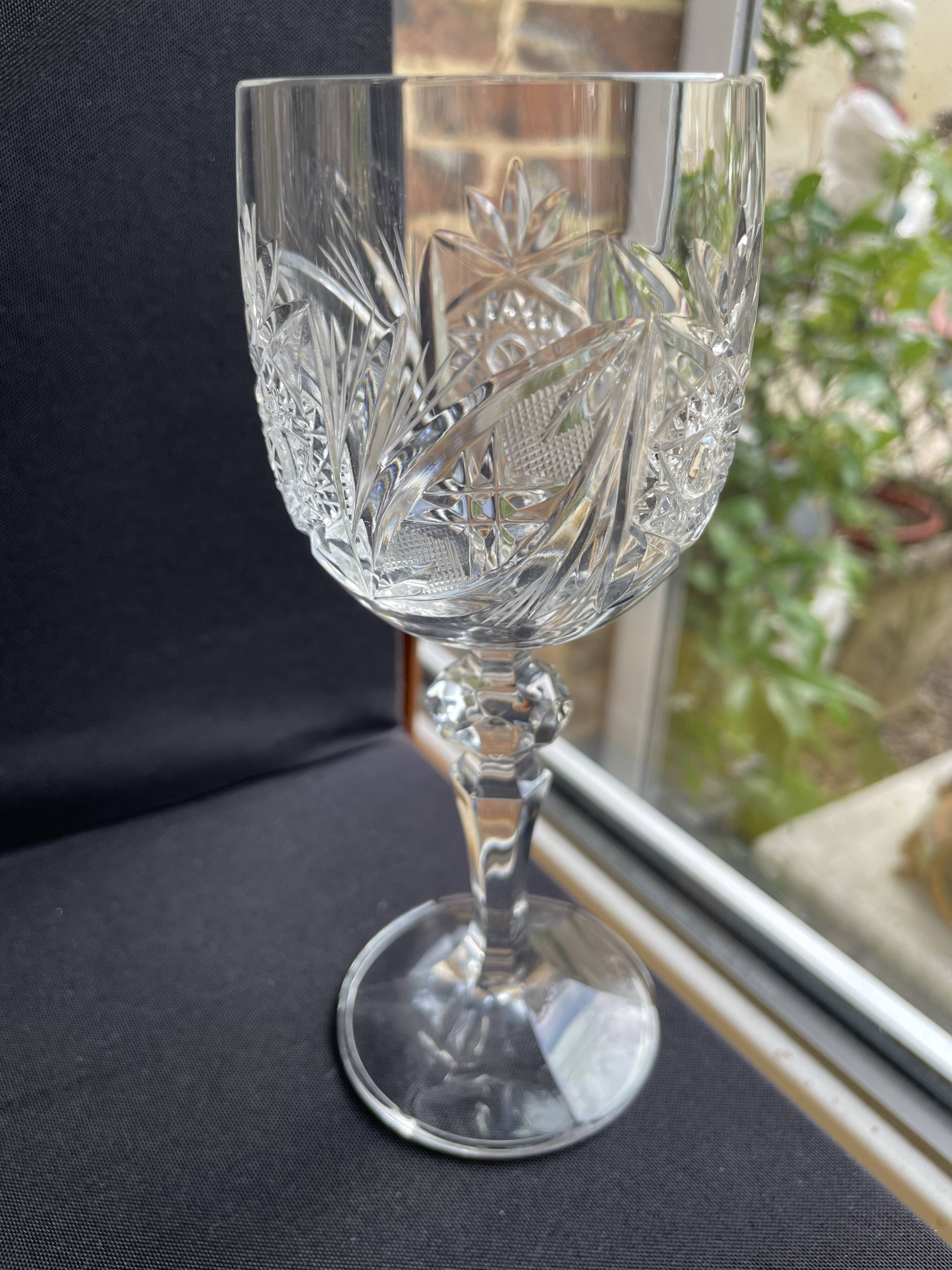 10 Bohemian cut crystal wine glasses